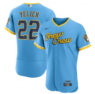 Men's Milwaukee Brewers #22 Christian Yelich Powder Blue 2022 City Connect Flex Base Stitched Jersey
