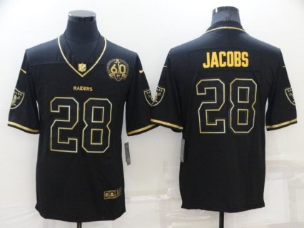 Nike Raiders 28 Josh Jacobs Black Gold 60th Anniversary Vapor Limited Men Jersey
