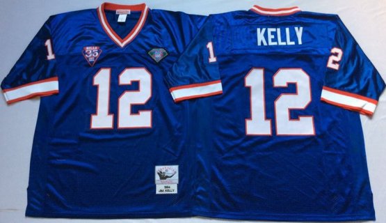 NFL Mitchell&Ness Buffalo Bills 12 Jim Kelly Blue 35th Anniversary Patch Throwback Jersey