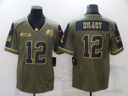Nike Buccaneers 12 Tom Brady 2021 Olive Gold Salute To Service Limited Men Jersey