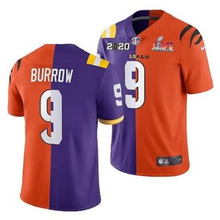 Nike Bengals x LSU Tigers 9 Joe Burrow Orange Purple 2022 Super Bowl LVI Split Limited Men Jersey
