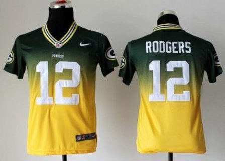 Nike Green Bay Packers No.12 Aaron Rodgers Green And Yellow Fadeaway Youth Football Elite Jersey
