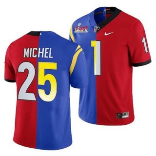 Nike Rams x Georgia Bulldogs Sony Michel Red Royal 2022 Super Bowl LVI Split Limited Men Jersey